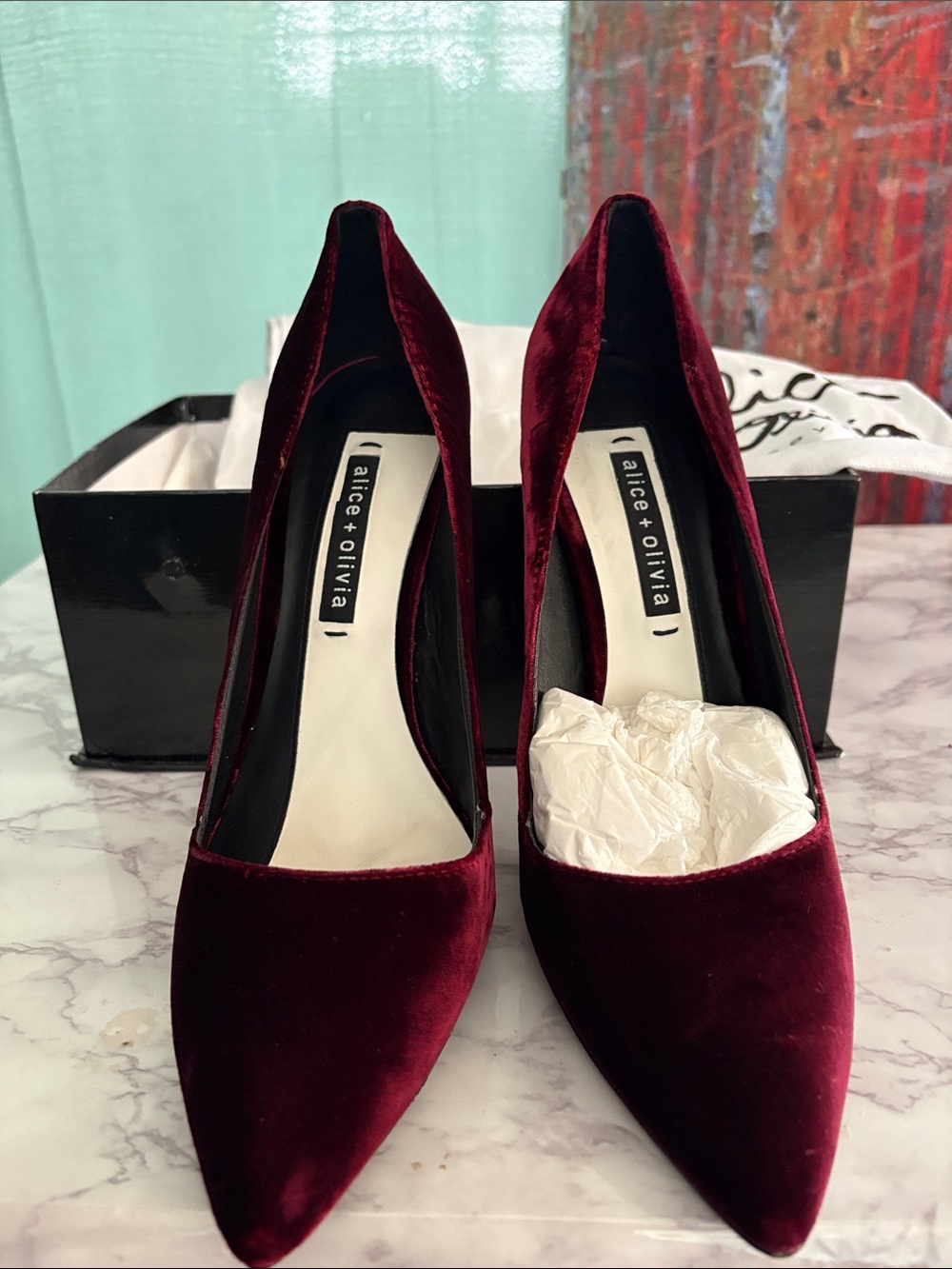 Alice + Olivia Burgundy Velvet Pointed Toe Pumps